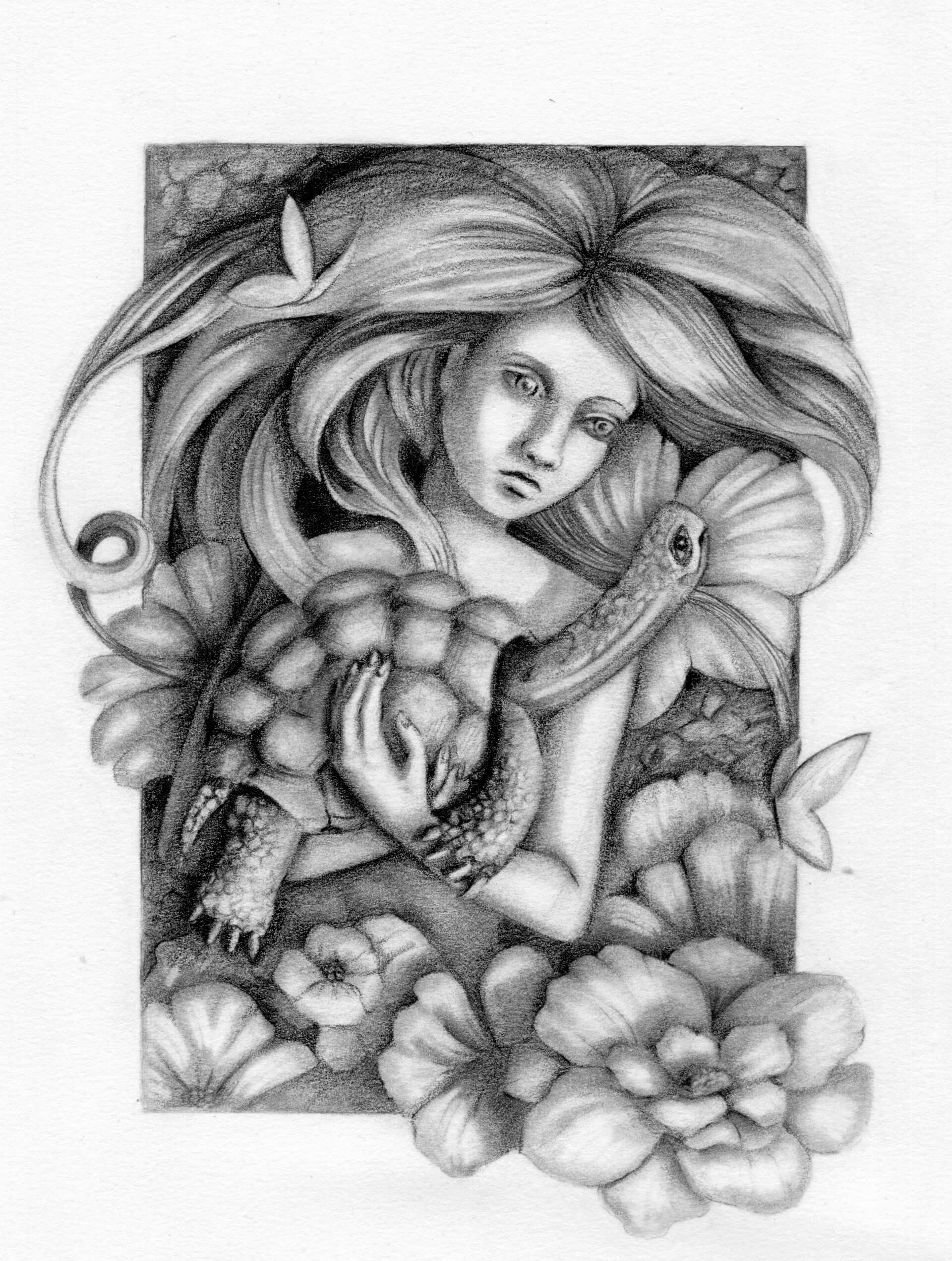 Girl with tortoise - Pencil on Bristol paper