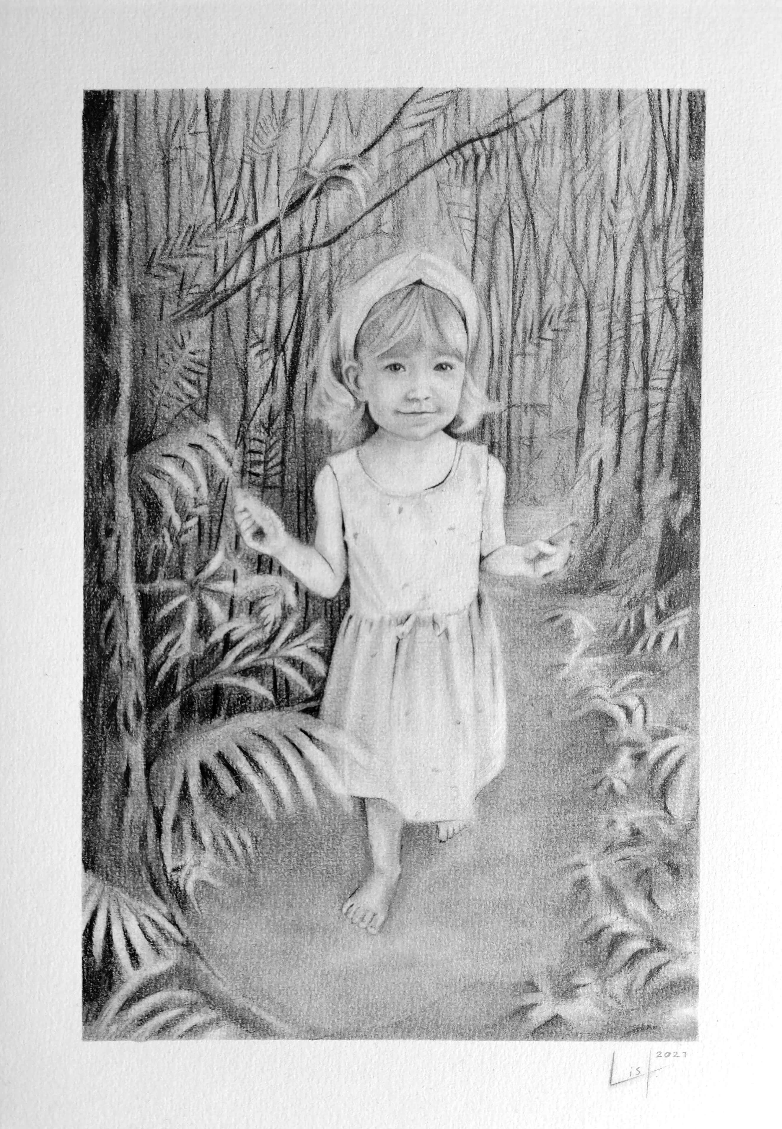 Small girl in the jungle - Pencil on Bristol paper